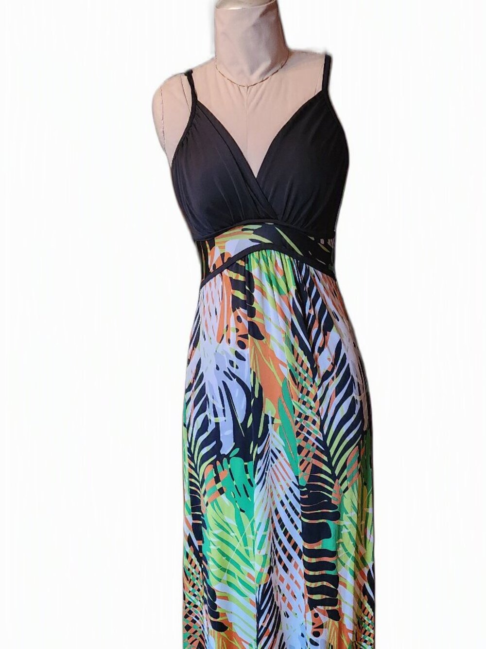 Maxi Dress, Tropical, Green, Black, Multi, Silky, Sexy, size L